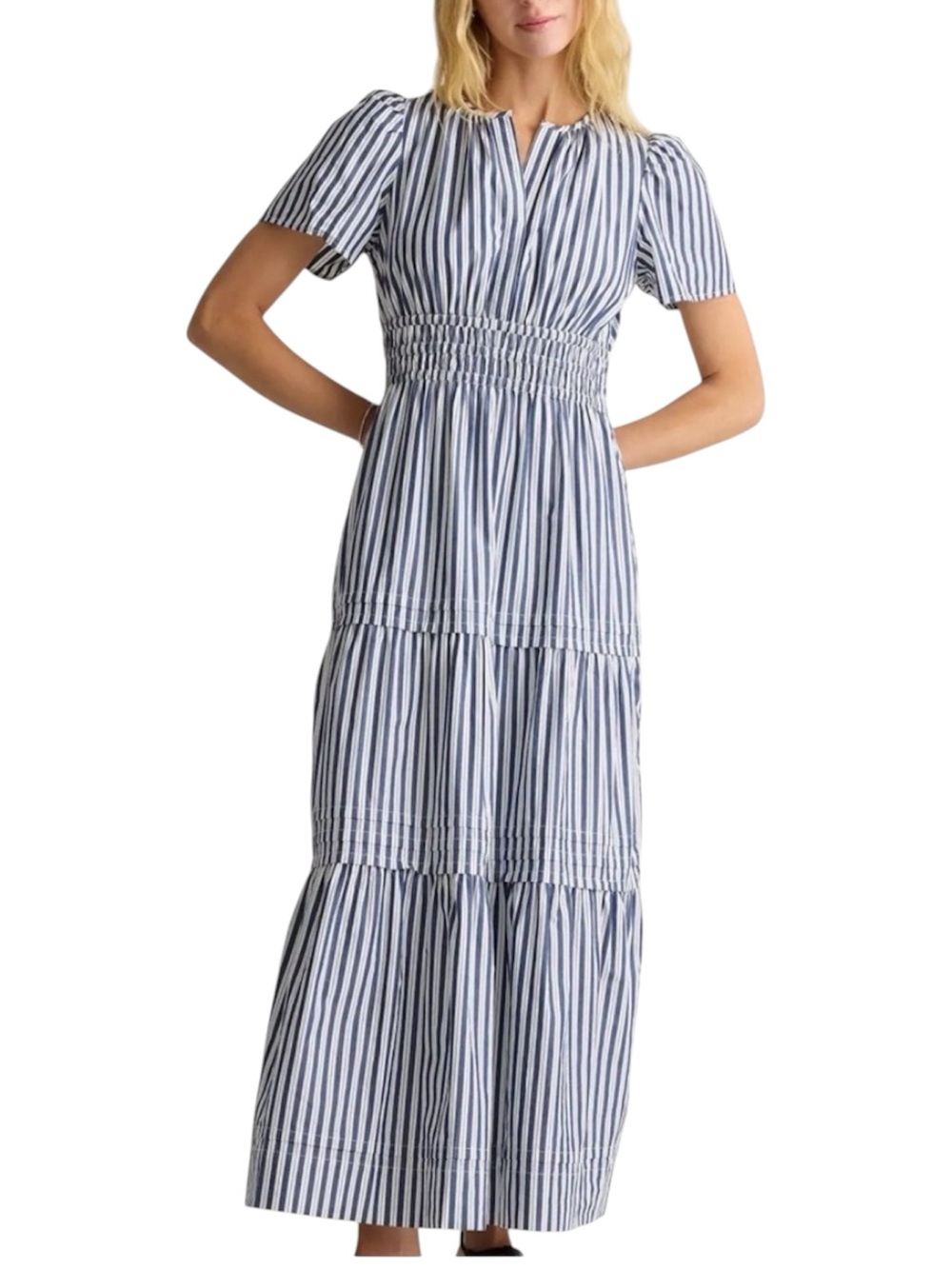 Quince 100% organic cotton poplin tiered maxi dress in Hudson stripe size Small